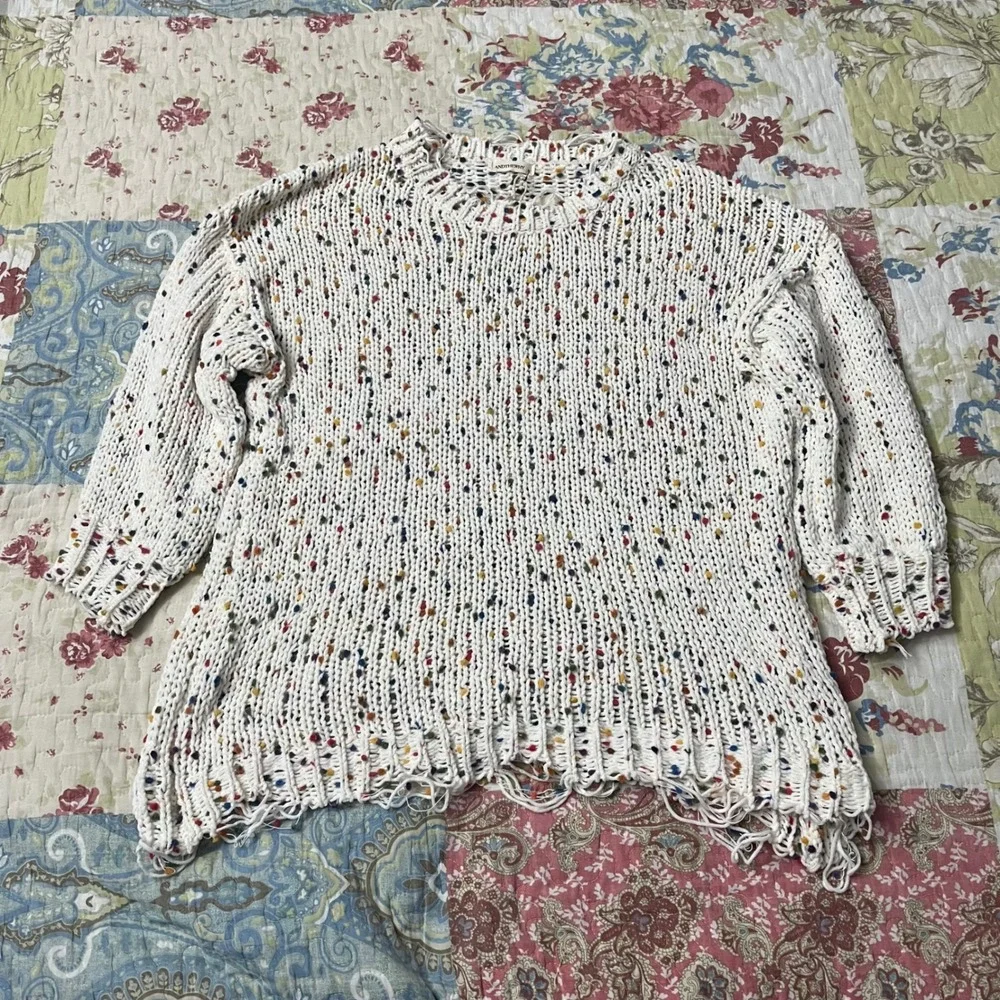 NWT ANDTHEWHY Los Angeles Edgy Boho Confetti Knit Distressed Sweater Cream M/L